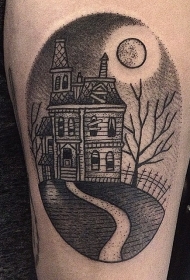 old school小臂黑色椭圆形与老式废弃房子纹身图案