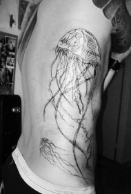 侧肋漂亮的黑色线条水母纹身图案