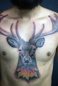 胸部彩色鹿头与枫叶纹身图案