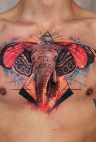 胸部神奇的彩色蝴蝶与神秘眼睛纹身图案