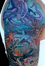 手臂彩绘卡通海底章鱼海星珊瑚纹身图案
