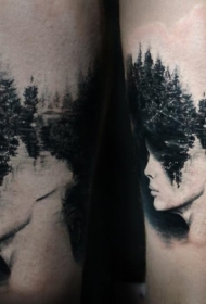 超现实主义风格的黑色女人脸和森林纹身图案