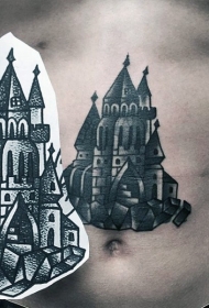 腹部old school黑白童话城堡纹身图案