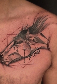 胸部草图风格彩色马头纹身图案