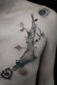 胸部超现实主义风格黑色线条有趣的树与月亮纹身图案