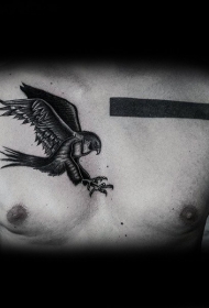 胸部黑灰降落的老鹰纹身图案