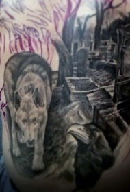 有趣的黑灰狼和墓地侧肋纹身图案