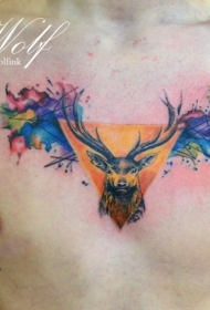 胸部几何鹿头泼墨彩绘纹身图案