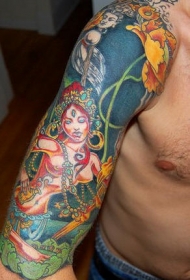 手臂佛教神像和花朵纹身图案