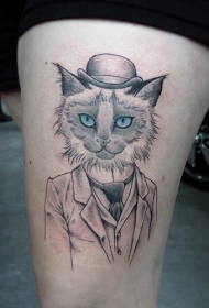 大腿卡通绅士猫彩色纹身图案