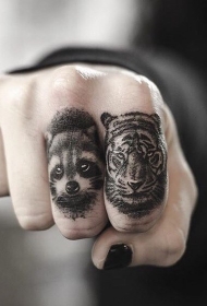 手指雕刻风格黑色老虎和浣熊纹身图案