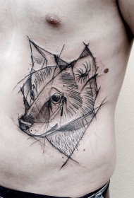 侧肋黑色线条简约狐狸头纹身图案