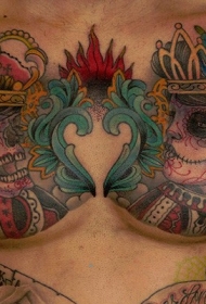 胸部墨西哥土著彩色骷髅国王和王后纹身图案