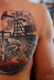 胸部现实风格彩色石油磨坊纹身图案