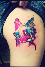 大腿上的水彩猫纹身图案