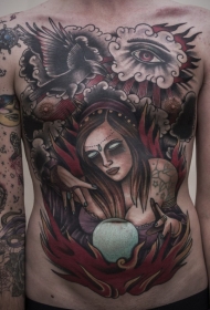 胸部old school神秘的恶魔女巫与乌鸦纹身图案