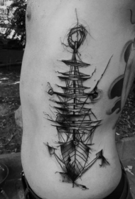 侧肋简单的黑色线条帆船纹身图案
