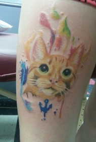 大腿好看的水彩画猫纹身图案