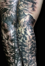 手臂惊人的黑灰森林山脉纹身图案