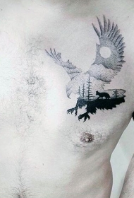 胸部鹰轮廓与自然风景纹身图案