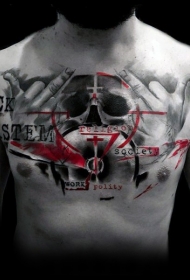 胸部彩色狙击范围与字母骷髅纹身图案