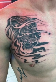 胸部黑灰卡通狮子头部纹身图案