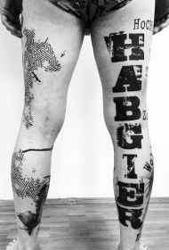 腿部现代大型传统风格黑色字母纹身图案