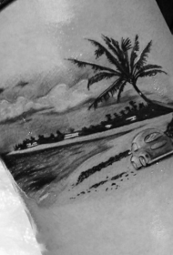 大腿非常逼真的小汽车海滩与棕榈树纹身图案