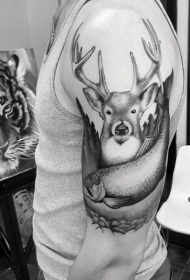 手臂黑色雕刻风格的鹿与鱼纹身图案