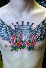 钻石玫瑰与王冠和羽毛翅膀胸部纹身图案