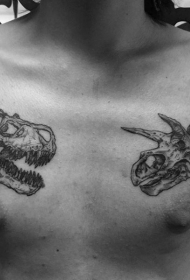 胸部经典的黑色各种恐龙头骨纹身图案