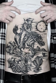 腹部黑色西部牛仔骑马和植物纹身图案