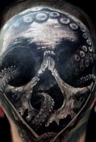 头部大胆个性的骷髅章鱼黑色纹身图案