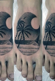 脚背海岸风景与棕榈树纹身图案