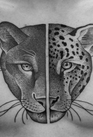 胸部创意组合黑色半狮子半豹子头纹身图案