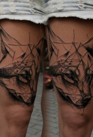 大腿素描风格黑色狐狸头纹身图案