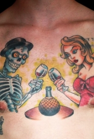胸部彩色卡通美女与骨架夫妇纹身图案
