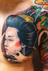 胸部日本风格彩色艺妓肖像纹身图案