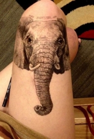 大腿逼真大象头和字母纹身图案