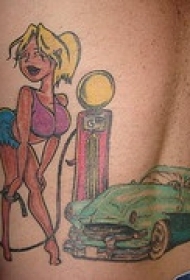 侧肋金发女孩给汽车加油纹身图案