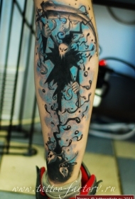 小腿彩色卡通骷髅怪物纹身图案