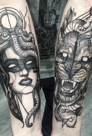 手臂素描风格黑白女人与章鱼和狮子纹身图案