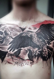 胸部壮观的黑色乌鸦月亮和字母纹身图案
