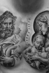 胸部写实黑白宗教耶稣玛利亚肖像纹身图案
