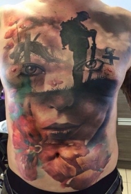 腹部彩色纪念士兵结合女性肖像纹身图案