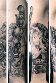 小臂神奇的黑白中世纪骑士骑马与城堡纹身图案