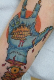 蓝色僵尸手和眼睛牙齿纹身图案
