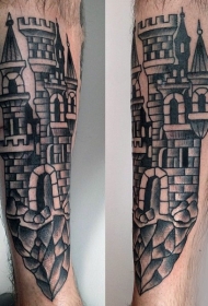 小腿简单的黑色卡通城堡纹身图案
