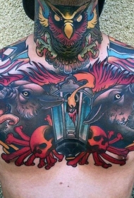 胸部和颈部old school彩色地狱犬猫头鹰骷髅纹身图案