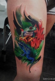 大腿写实的蓝色和绿色青蛙纹身图案